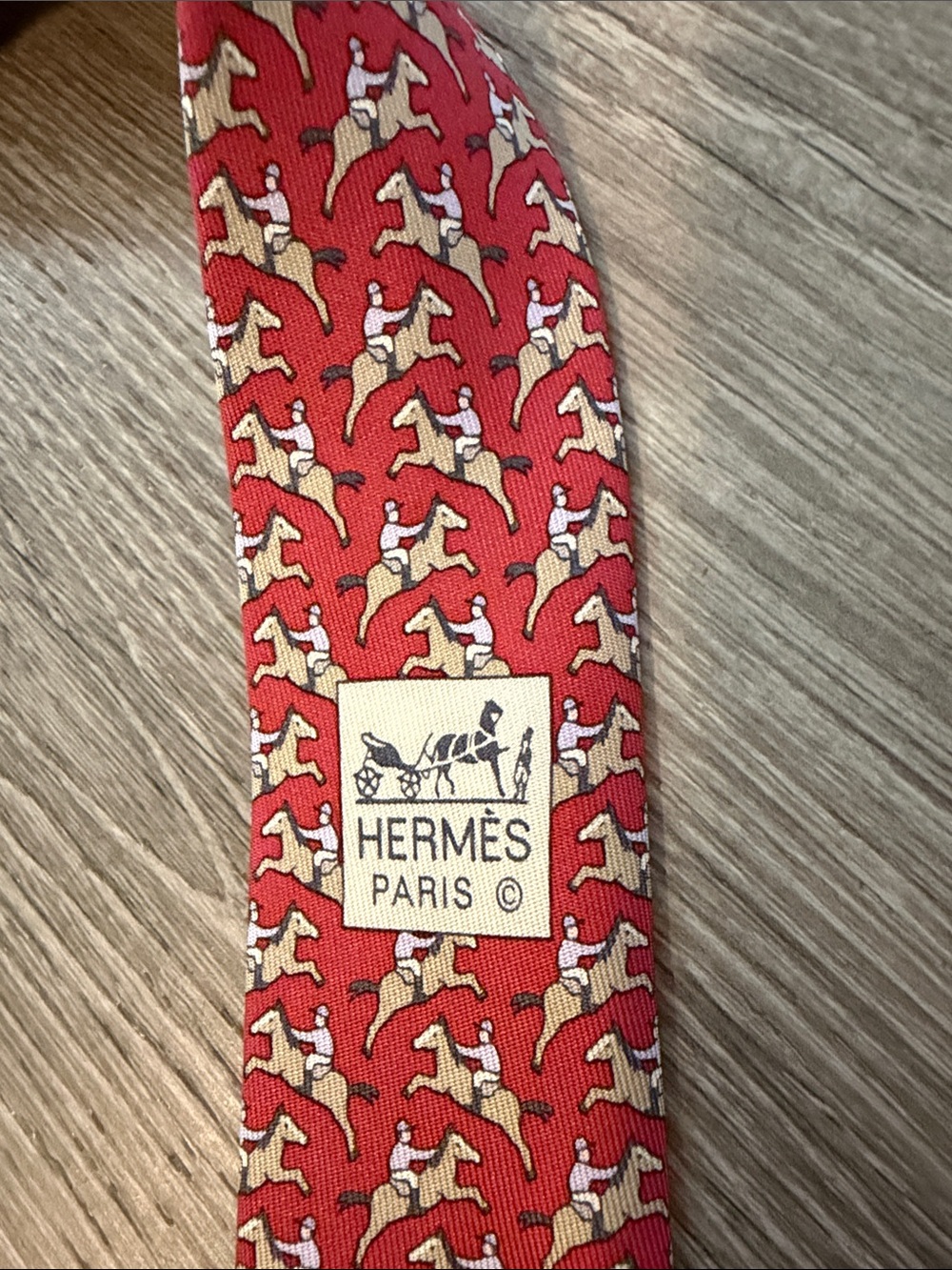 Hermes Paris Vintage Equestrian Jockey Pattern Print Men’s Silk Crimson Red Tie - Picture 8 of 9